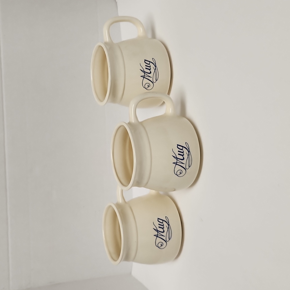 Vintage cream colored mugs with blue cursive lettering - set of 3